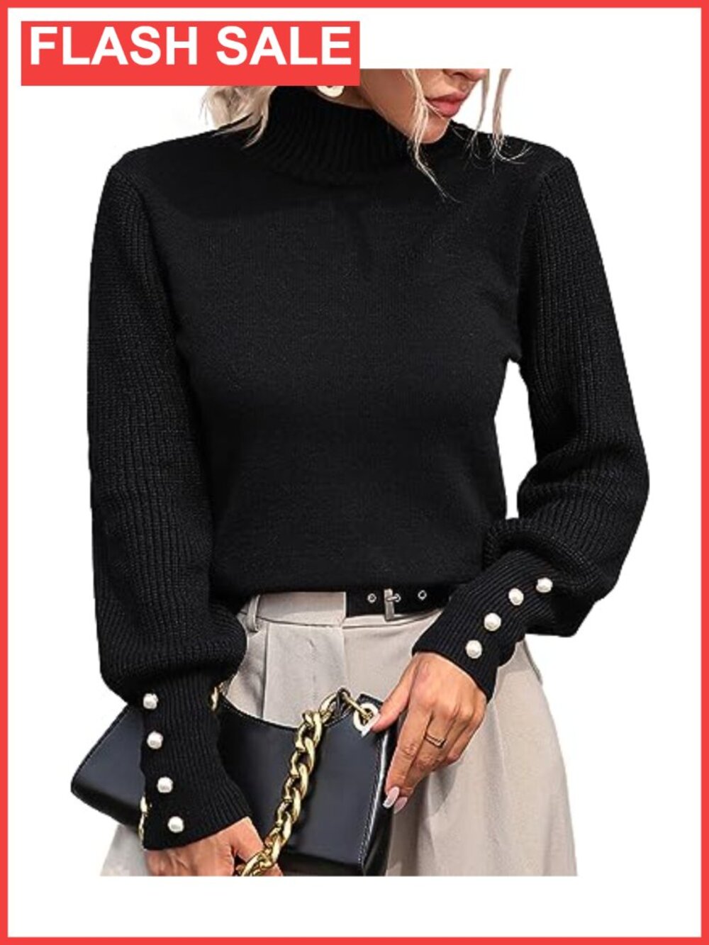Mock Turtleneck Knitted Pullover Sweater with Lantern Sleeves